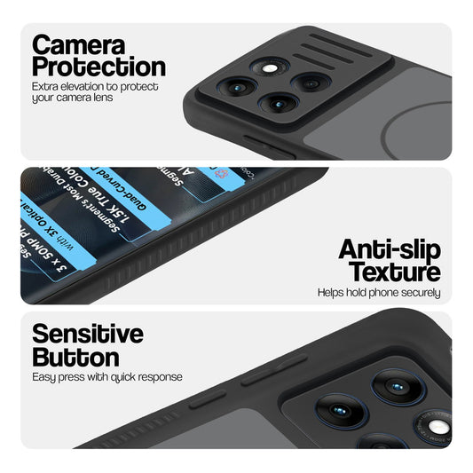 Black phone case for Motorola Moto Edge 60 5G showing camera safety edges, anti slip side grip and easy press button covers.