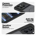 Black phone case for Motorola Moto Edge 60 Fusion 5G showing camera safety edges, anti slip side grip and easy press button covers.