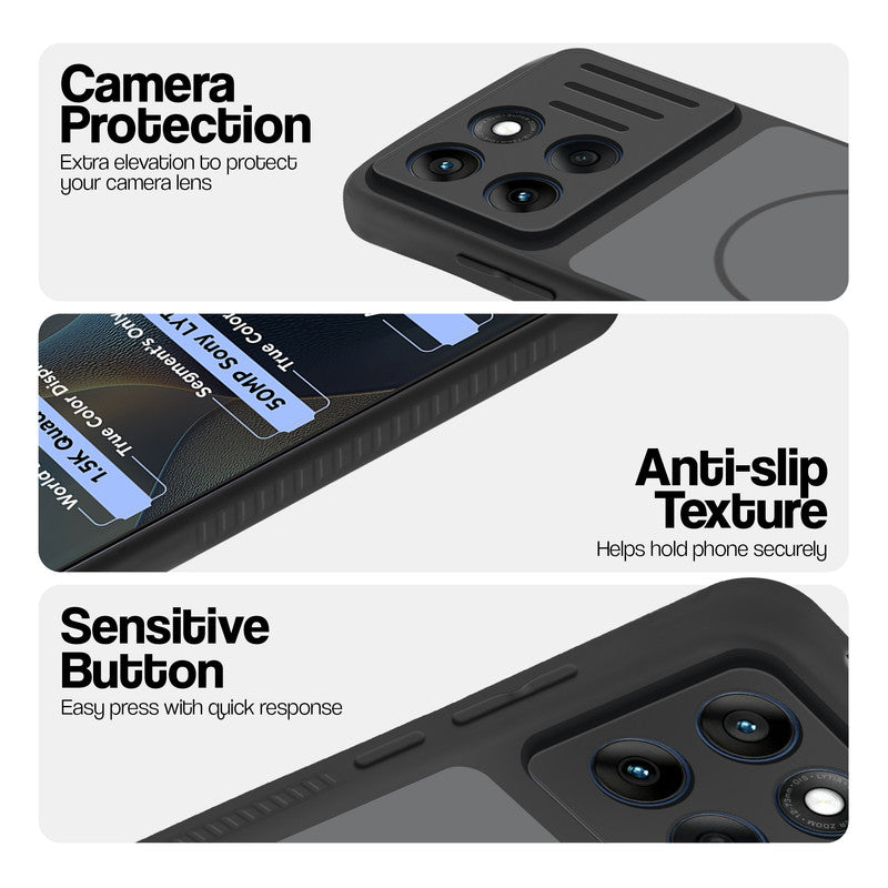 Black phone case for Motorola Moto Edge 60 Fusion 5G showing camera safety edges, anti slip side grip and easy press button covers.