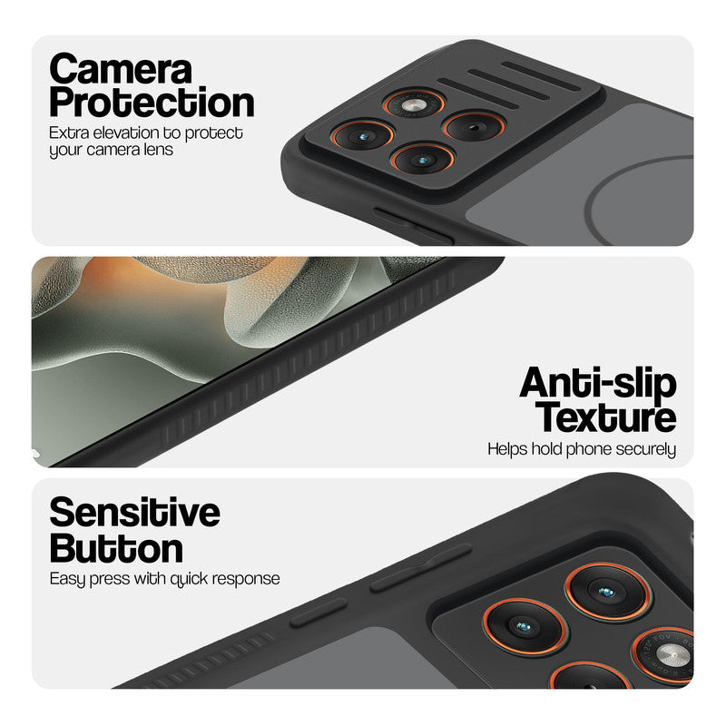 Black phone case for Motorola Moto Edge 70 5G showing camera safety edges, anti slip side grip and easy press button covers.