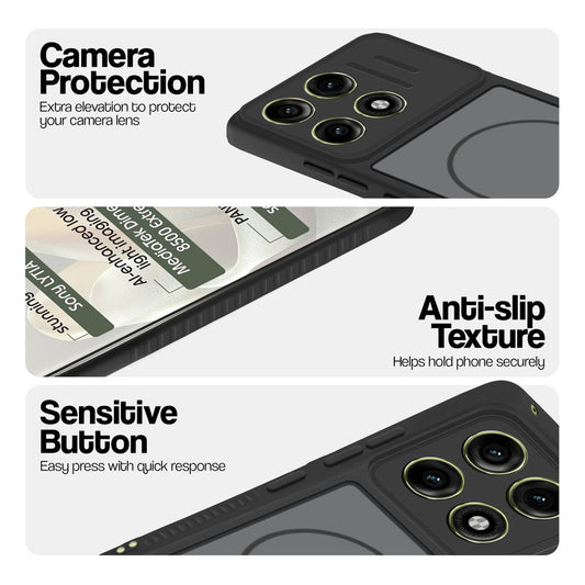 Black phone case for Motorola Moto Edge 70 Pro 5G showing camera safety edges, anti slip side grip and easy press button covers.
