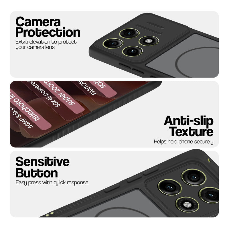 Black phone case for Motorola Moto Edge 70 Pro Plus 5G showing camera safety edges, anti slip side grip and easy press button covers.