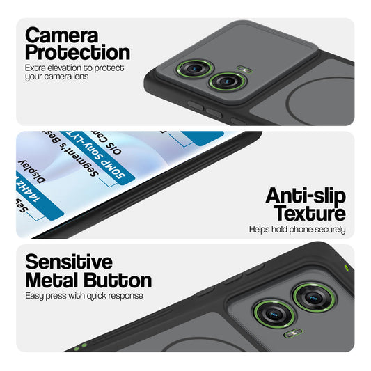 Black Phone case for Motorola Moto G96 5G highlighting raised camera protection, anti-slip texture, and responsive side buttons