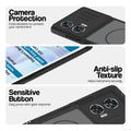 Black phone case for Motorola Moto G96 5G showing camera safety edges, anti slip side grip and easy press button covers.
