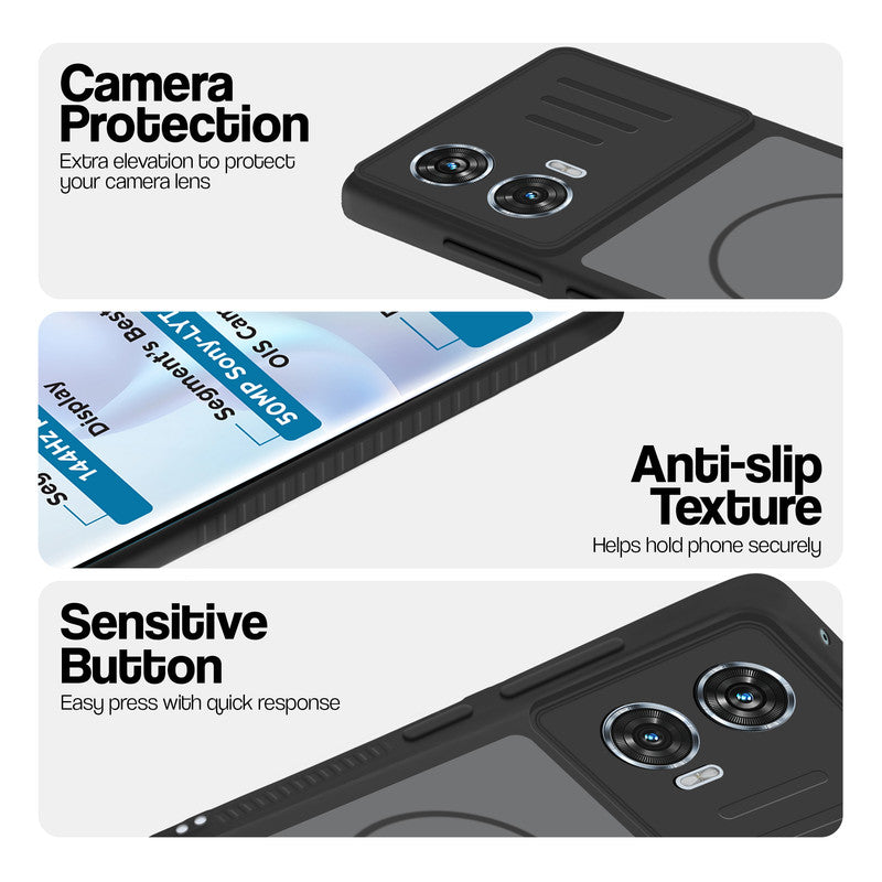 Black phone case for Motorola Moto G96 5G showing camera safety edges, anti slip side grip and easy press button covers.