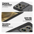 Black phone case for Motorola Signature showing camera safety edges, anti slip side grip and easy press button covers.