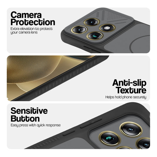 Black phone case for Motorola Signature showing camera safety edges, anti slip side grip and easy press button covers.