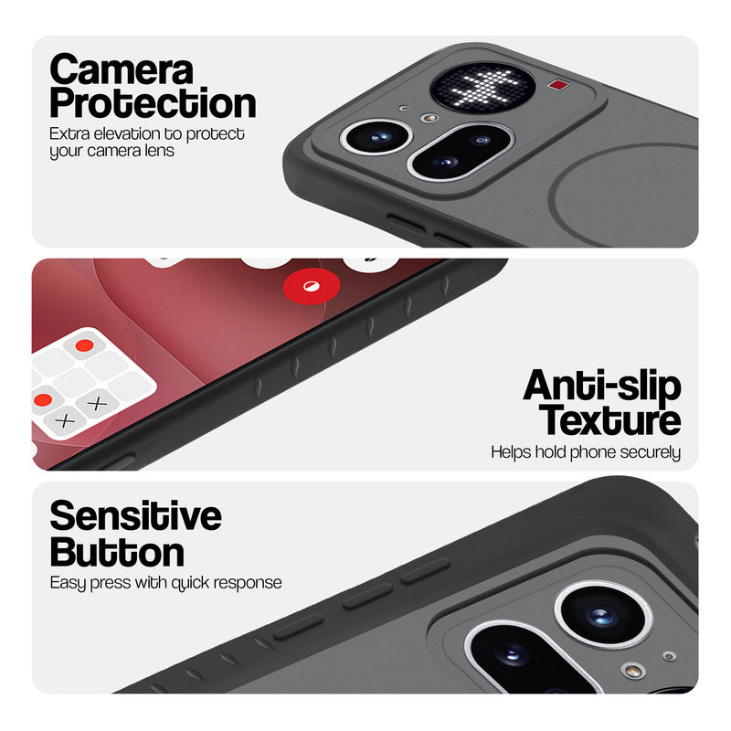 Black phone case for Nothing Phone 4A Pro 5G showing camera safety edges, anti slip side grip and easy press button covers.