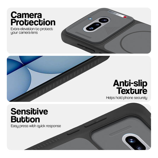 Black phone case for Nothing Phone 4A 5G showing camera safety edges, anti slip side grip and easy press button covers.