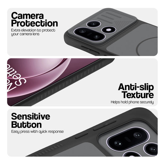 Black phone case for OnePlus 15 5G showing camera safety edges, anti slip side grip and easy press button covers.