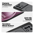 Black Phone case for OnePlus 15 5G highlighting raised camera protection, anti-slip texture, and responsive side buttons