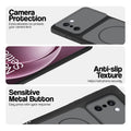 Black Phone case for OnePlus 15R 5G highlighting raised camera protection, anti-slip texture, and responsive side buttons