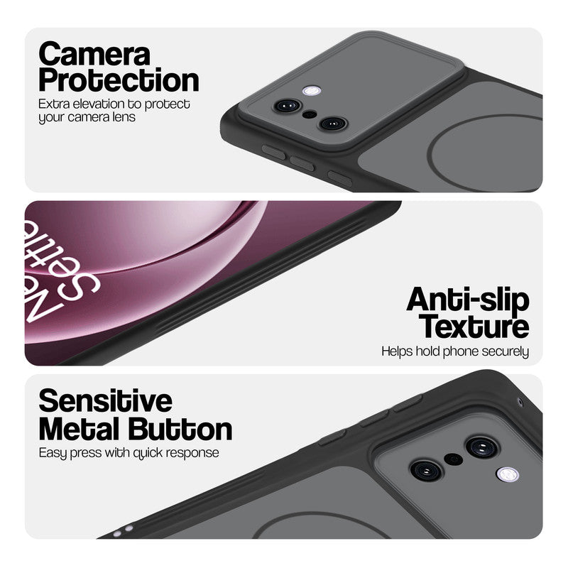 Black Phone case for OnePlus 15R 5G highlighting raised camera protection, anti-slip texture, and responsive side buttons