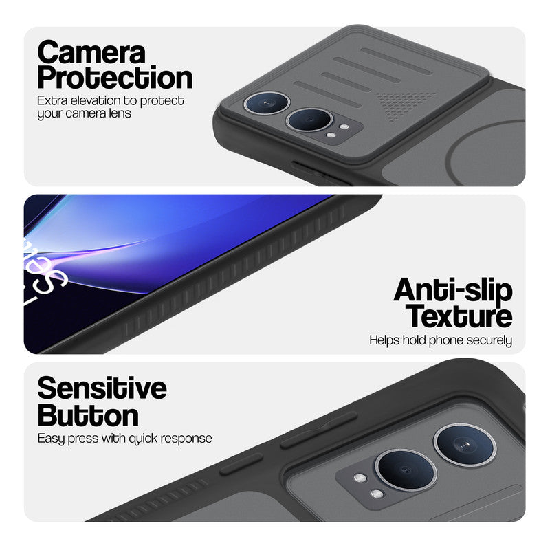 Black phone case for OnePlus Nord CE 4 Lite 5G showing camera safety edges, anti slip side grip and easy press button covers.
