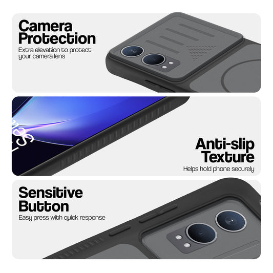 Black phone case for OnePlus Nord CE 4 Lite 5G showing camera safety edges, anti slip side grip and easy press button covers.