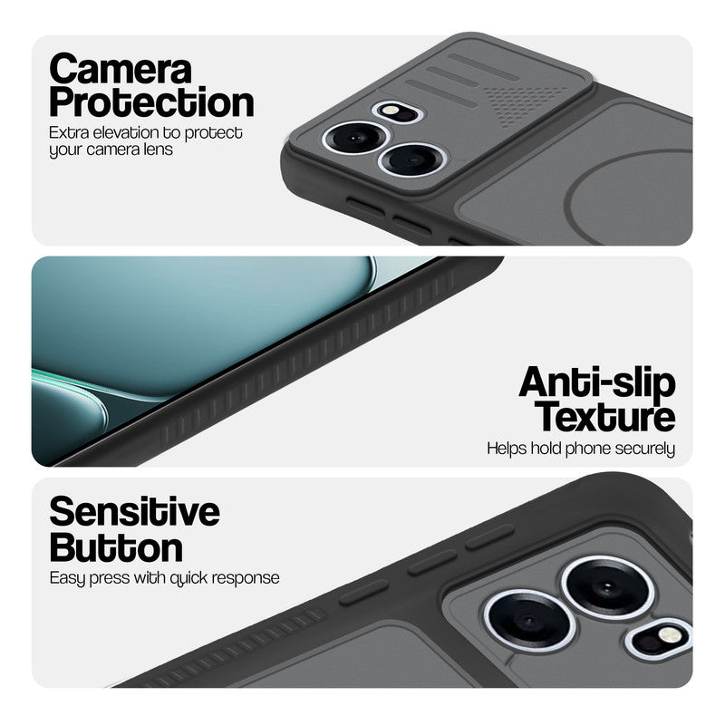 Black phone case for OnePlus Nord CE 6 5G showing camera safety edges, anti slip side grip and easy press button covers.