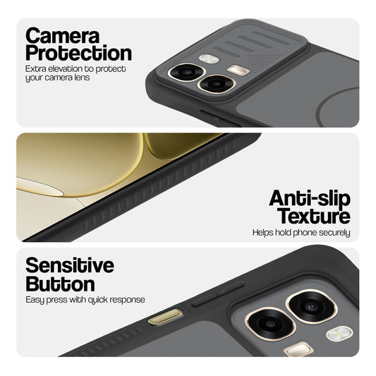 Black phone case for Oppo A6 Pro 5G showing camera safety edges, anti slip side grip and easy press button covers.