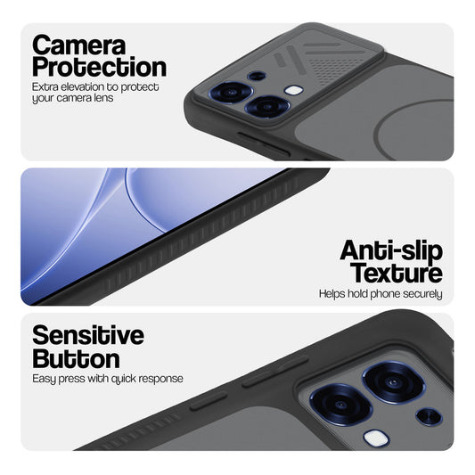 Black phone case for Oppo F31 5G showing camera safety edges, anti slip side grip and easy press button covers.
