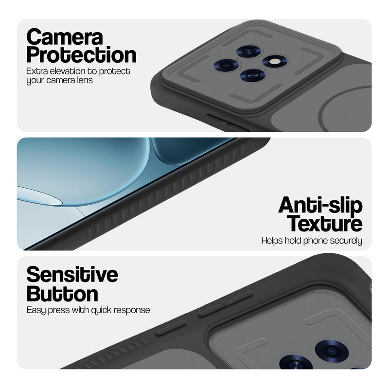 Black phone case for Oppo F31 Pro Plus 5G showing camera safety edges, anti slip side grip and easy press button covers.