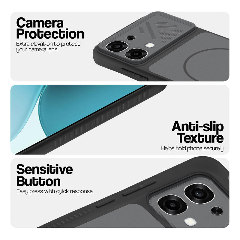Black phone case for Oppo F33 5G showing camera safety edges, anti slip side grip and easy press button covers.