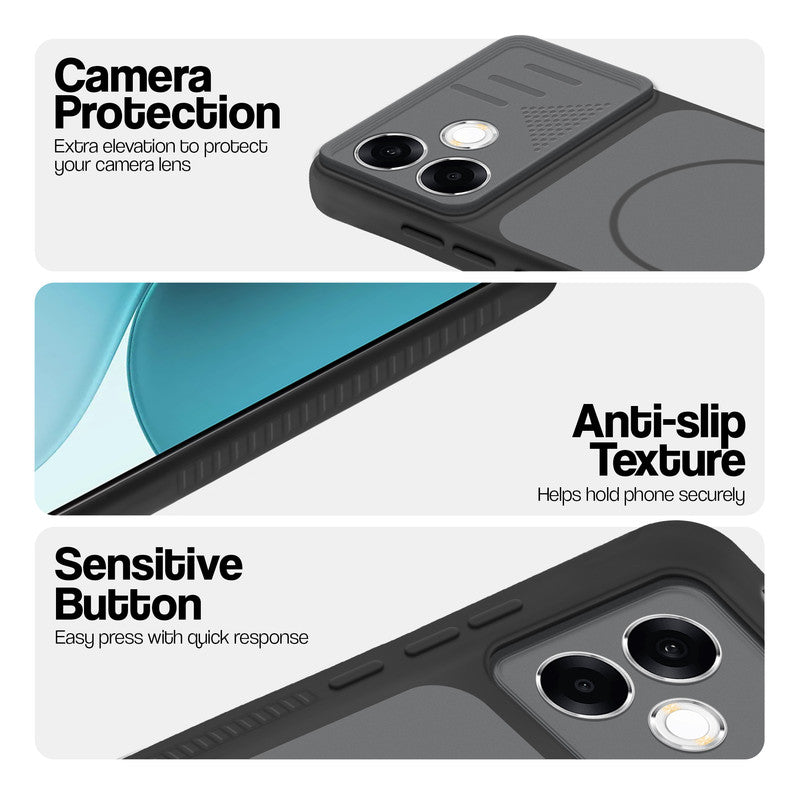 Black phone case for Oppo F33 Pro 5G showing camera safety edges, anti slip side grip and easy press button covers.