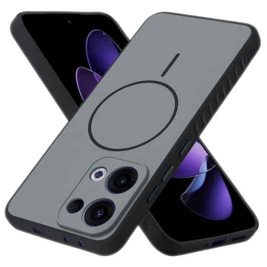 Matte Silicone Dual Color Back Cover with Metal Buttons & Ring Design for Oppo Reno 13 5G