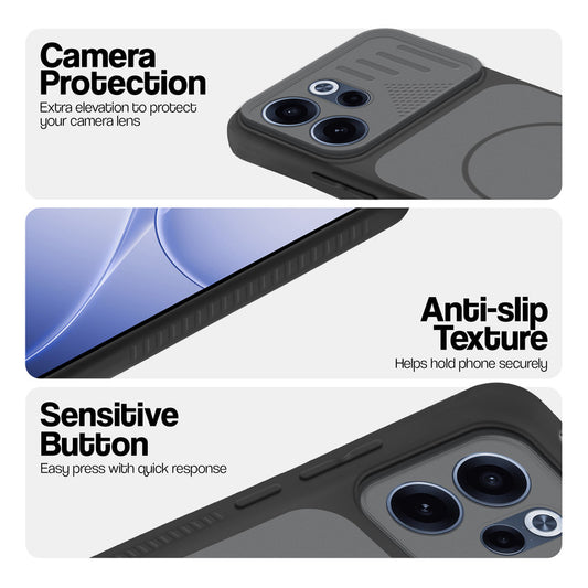 Black phone case for Oppo Reno 15C 5G showing camera safety edges, anti slip side grip and easy press button covers.