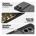 Black phone case for Poco C85x 5G showing camera safety edges, anti slip side grip and easy press button covers.