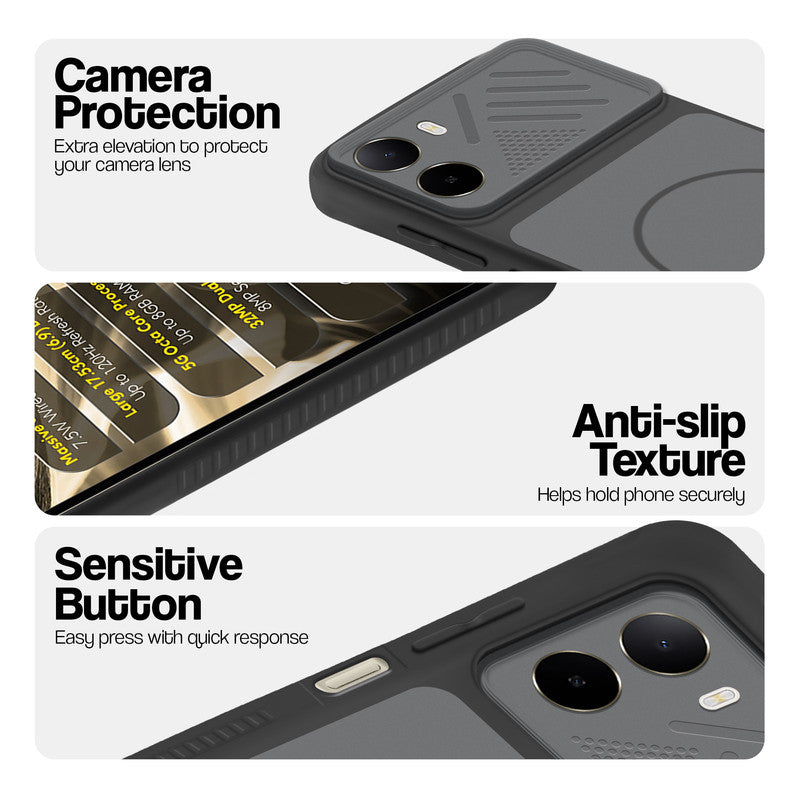 Black phone case for Poco C85x 5G showing camera safety edges, anti slip side grip and easy press button covers.