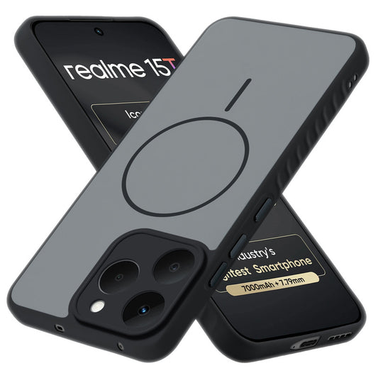 Matte Silicone Dual Color Back Cover with Metal Buttons & Ring Design for Realme 15T 5G