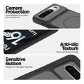 Black phone case for Realme 16 5G showing camera safety edges, anti slip side grip and easy press button covers.