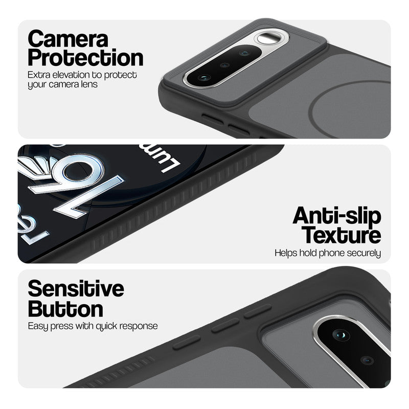 Black phone case for Realme 16 5G showing camera safety edges, anti slip side grip and easy press button covers.