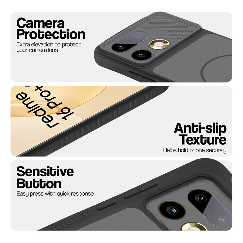 Black phone case for Realme 16 Pro Plus 5G showing camera safety edges, anti slip side grip and easy press button covers.