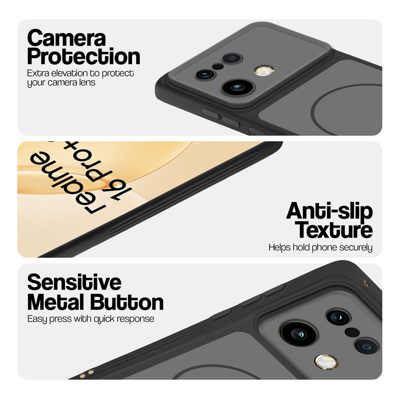 Black Phone case for Realme 16 Pro Plus 5G highlighting raised camera protection, anti-slip texture, and responsive side buttons