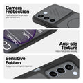 Black phone case for Realme C83 5G showing camera safety edges, anti slip side grip and easy press button covers.