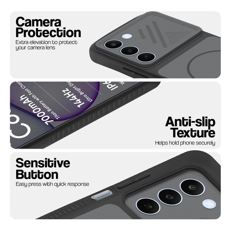 Black phone case for Realme C83 5G showing camera safety edges, anti slip side grip and easy press button covers.