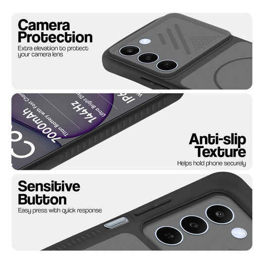 Black phone case for Realme C83 5G showing camera safety edges, anti slip side grip and easy press button covers.