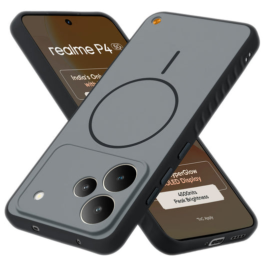 Matte Silicone Dual Color Back Cover with Metal Buttons & Ring Design for Realme P4 5G