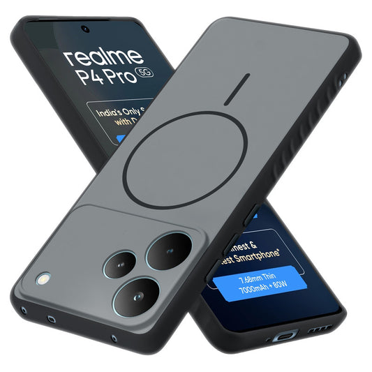 Matte Silicone Dual Color Back Cover with Metal Buttons & Ring Design for Realme P4 Pro 5G