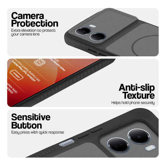 Black phone case for Redmi 15A 5G showing camera safety edges, anti slip side grip and easy press button covers.