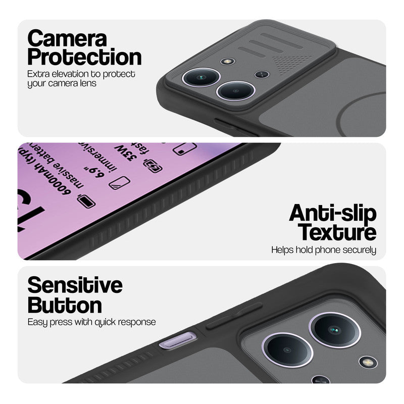 Black phone case for Redmi 15C 5G showing camera safety edges, anti slip side grip and easy press button covers.
