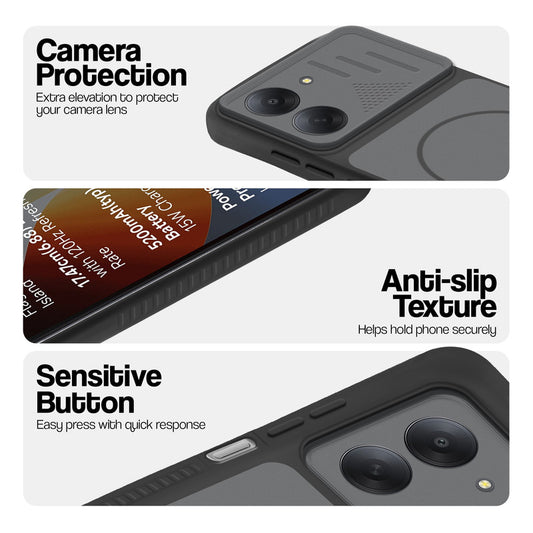 Black phone case for Redmi A7 4G showing camera safety edges, anti slip side grip and easy press button covers.