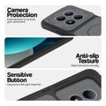 Black phone case for Redmi Note 15 Pro 5G showing camera safety edges, anti slip side grip and easy press button covers.