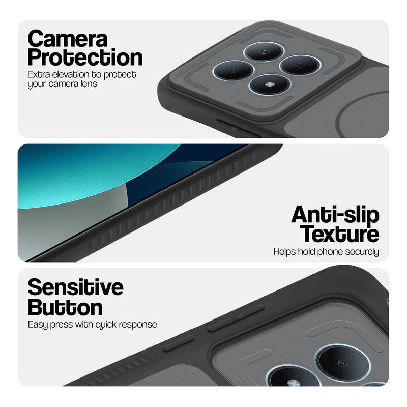 Black phone case for Redmi Note 15 Pro 5G showing camera safety edges, anti slip side grip and easy press button covers.