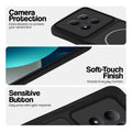 Black phone case for Redmi Note 15 Pro 5G showing camera safety edges, anti slip side grip and easy press button covers.