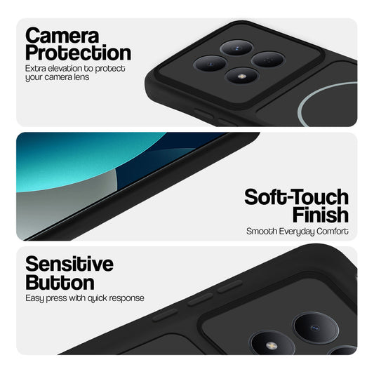 Black phone case for Redmi Note 15 Pro 5G showing camera safety edges, anti slip side grip and easy press button covers.