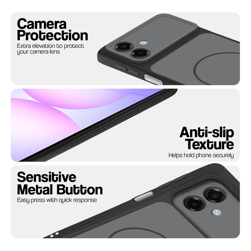Black Phone case for Samsung A07 5G highlighting raised camera protection, anti-slip texture, and responsive side buttons