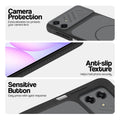 Black phone case for Samsung A07 5G showing camera safety edges, anti slip side grip and easy press button covers.