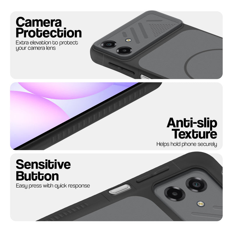 Black phone case for Samsung A07 5G showing camera safety edges, anti slip side grip and easy press button covers.
