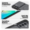 Black phone case for Samsung A16 5G showing camera safety edges, anti slip side grip and easy press button covers.